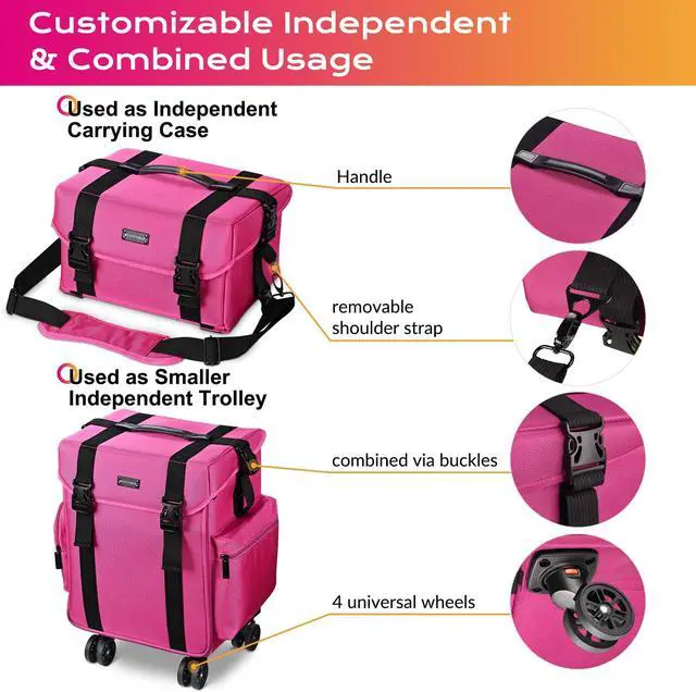 Alt view image 3 of 7 - Byootique Deep Pink 2in1 Rolling Makeup Case Soft Sided Cosmetic Organizer 1680D