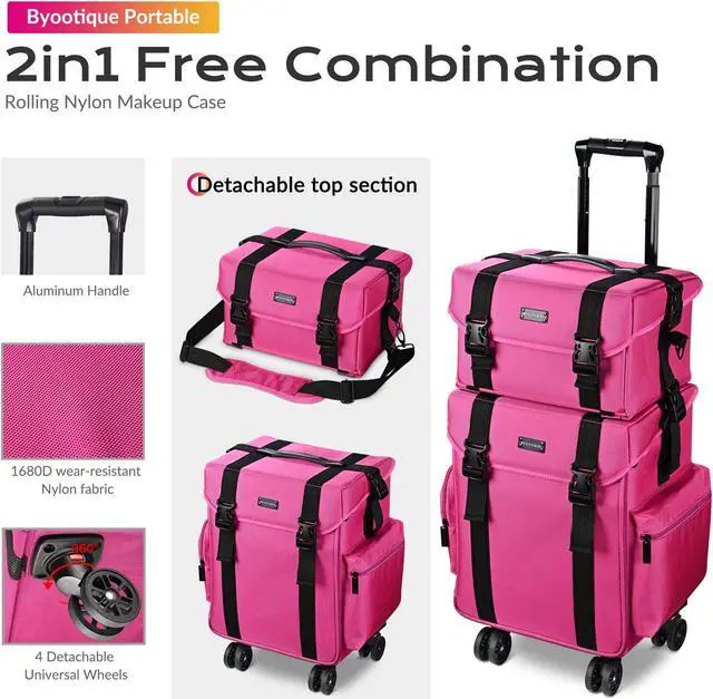 Alt view image 2 of 7 - Byootique Deep Pink 2in1 Rolling Makeup Case Soft Sided Cosmetic Organizer 1680D