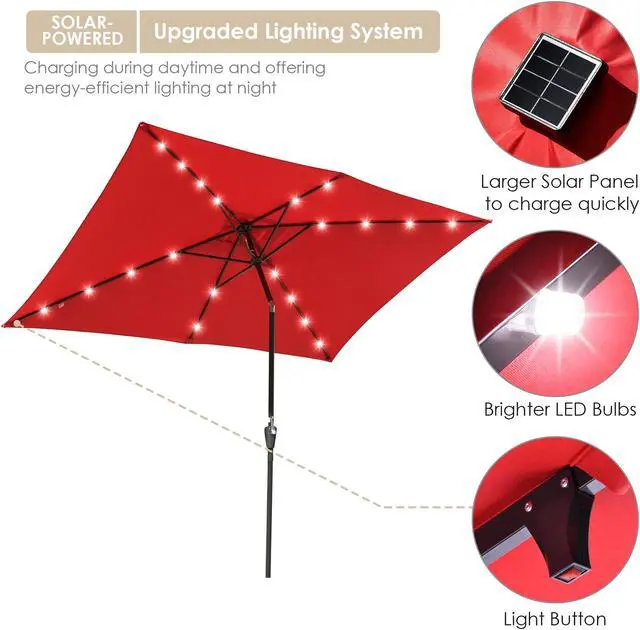 Alt view image 3 of 8 - Yescom 10x6.5FT Rectangle Outdoor Solar LED Patio Umbrella with Crank Tilt for Table Market Yard Deck Pool Party Red