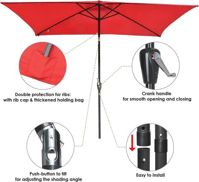 Alt view image 5 of 8 - Yescom 10x6.5FT Rectangle Outdoor Solar LED Patio Umbrella with Crank Tilt for Table Market Yard Deck Pool Party Red