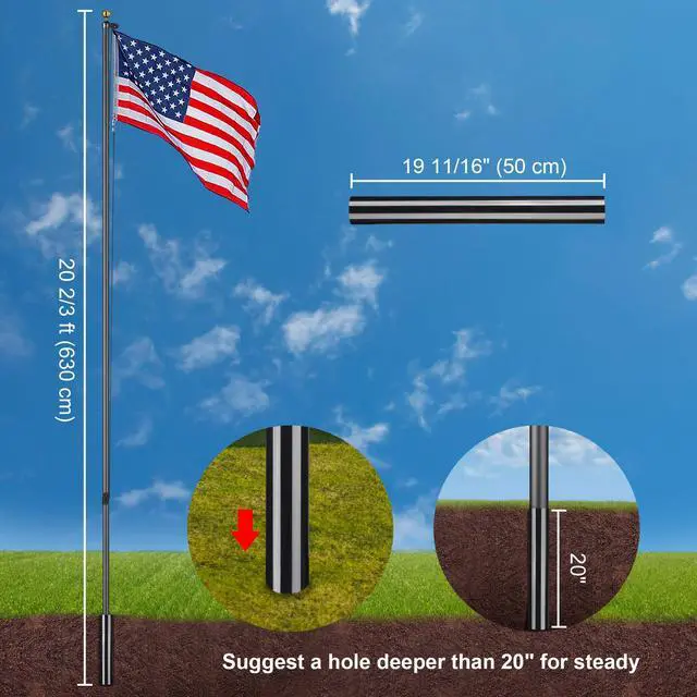 Alt view image 4 of 7 - Yescom Bravery 20 Ft Aluminum Sectional Flagpole with 3x5 Ft US Flag Gold Ball Outdoor