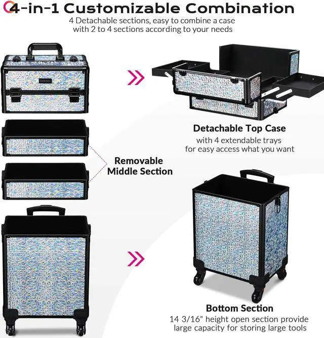 Alt view image 3 of 7 - Byootique Mermaid Silver 4in1 Rolling Makeup Train Case Cosmetic Organizer Wheel