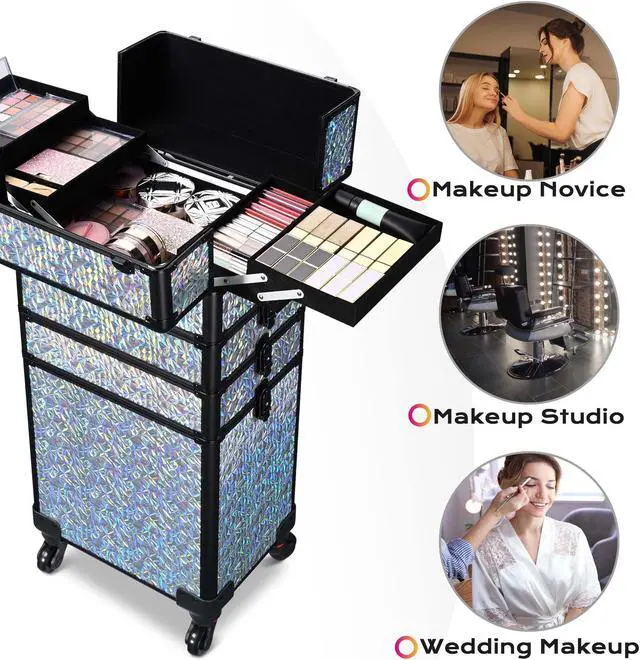 Alt view image 2 of 7 - Byootique Mermaid Silver 4in1 Rolling Makeup Train Case Cosmetic Organizer Wheel