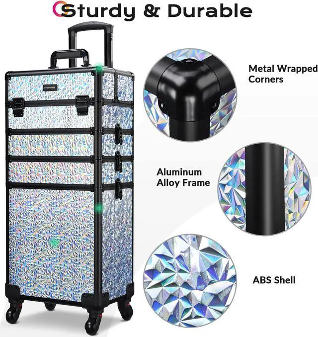 Alt view image 5 of 7 - Byootique Mermaid Silver 4in1 Rolling Makeup Train Case Cosmetic Organizer Wheel