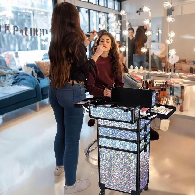 Alt view image 7 of 7 - Byootique Mermaid Silver 4in1 Rolling Makeup Train Case Cosmetic Organizer Wheel