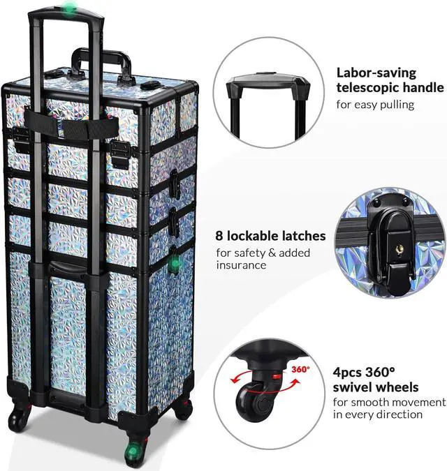 Alt view image 4 of 7 - Byootique Mermaid Silver 4in1 Rolling Makeup Train Case Cosmetic Organizer Wheel