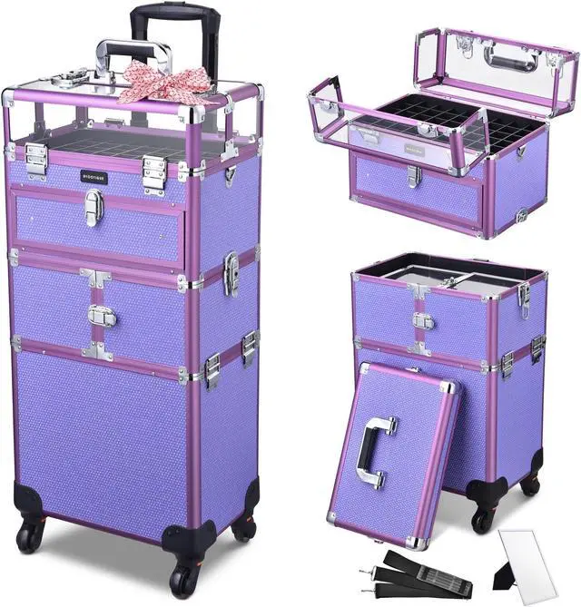 Main image of Byootique 2in1 Nail Polish Organizer Rolling Makeup Train Case Manicure Purple