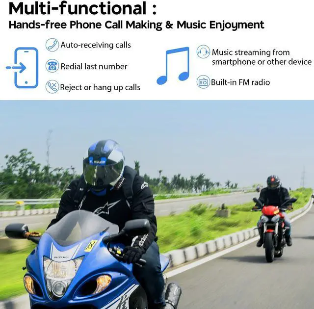 Alt view image 4 of 7 - AHR Motorcycle Bluetooth Headset with Music Sharing Helmet Bluetooth 5.1 Intercom Support 2 Riders with Noise Cancellation for Snowmobile Dirt Bik ATV Helmet