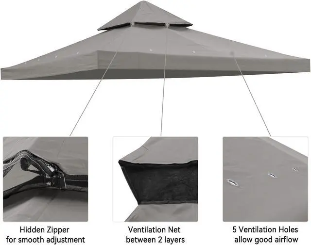 Alt view image 3 of 7 - Yescom 8'x8' UV30+ Gazebo Canopy Replacement Top Cover PU Water Resistance for 2 Tier Outdoor Patio Garden Party Gray