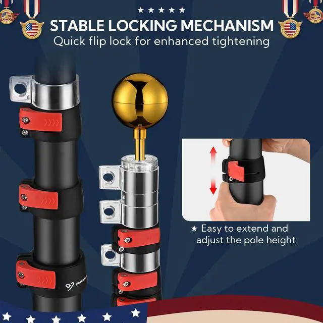 Alt view image 3 of 7 - Yescom EZ GO 25ft Telescopic Flag Pole Kit Upgrade Rotating Lock for Outside Inground with 3x5' US Flag Ball Top Black