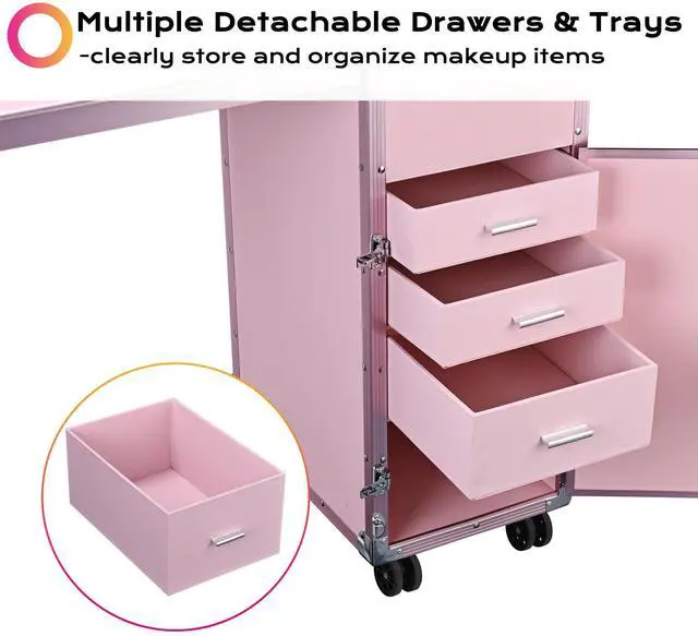 Alt view image 4 of 7 - Byootique Rolling Nail Table Kit w/ Makeup Case Cosmetic Organizer Aluminum Pink