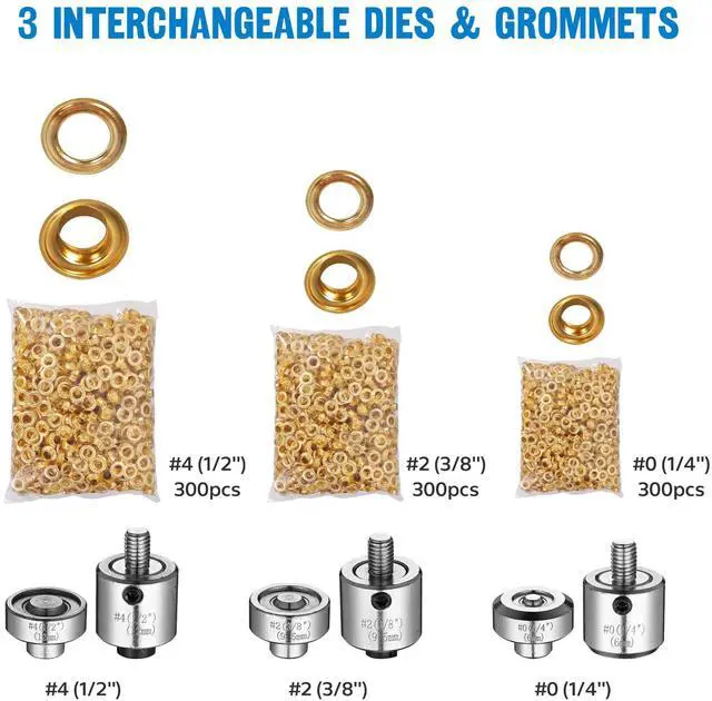 Alt view image 7 of 7 - Yescom Grommet Tool Kit with Rolling Base 900 pcs Eyelets Washers #0/#2/#4 Die Leather Hole Punch Set Hand Press Machine