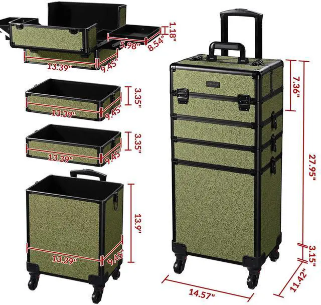 Alt view image 2 of 7 - Byootique 4in1 Rolling Makeup Train Case Cosmetic Organizer Wheel Rococo Moss