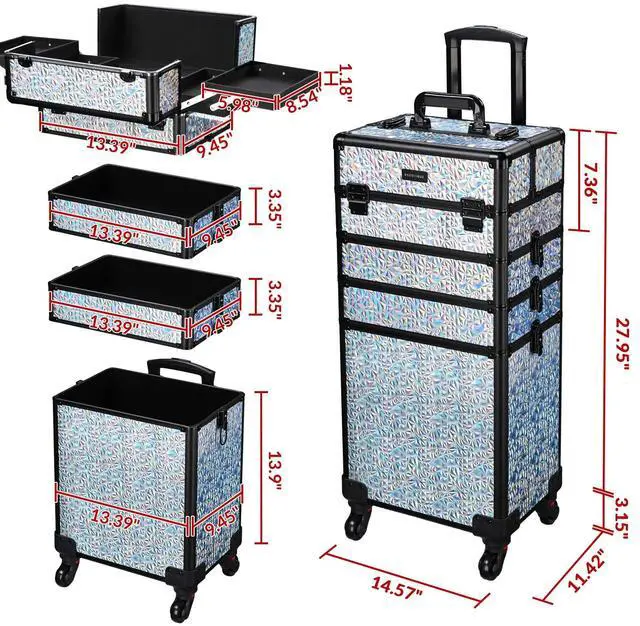 Alt view image 6 of 7 - Byootique Mermaid Silver 4in1 Rolling Makeup Train Case Cosmetic Organizer Wheel