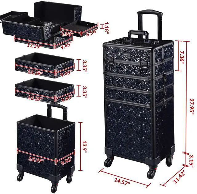 Alt view image 6 of 7 - Byootique 4in1 Rolling Makeup Train Case Cosmetic Organizer Wheel Mermaid Black