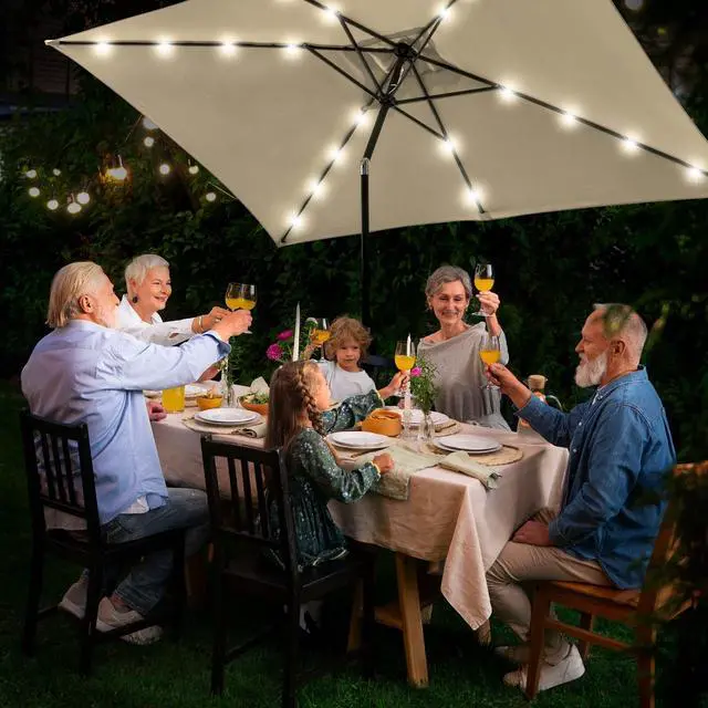 Alt view image 2 of 7 - 2Pcs 10x6.5' Rectangle Aluminum Solar Outdoor Crank Tilt Patio Umbrella w/ 20 LEDs Poolside Garden