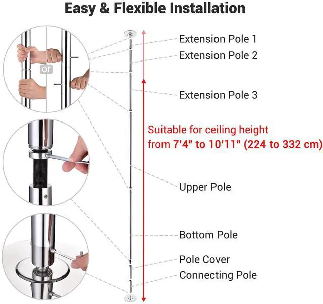 Alt view image 2 of 7 - Yescom 11FT Professional Stripper Pole Static Spinning Dancing Pole Kit with Extensions for Home Gym Fitness ,Silver
