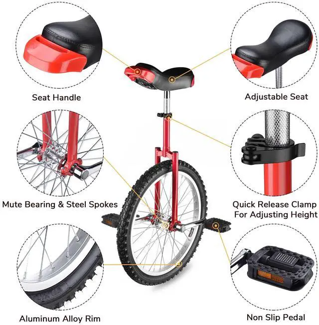Alt view image 2 of 7 - Yescom 20 In Wheel Outdoor Unicycle Leakproof Butyl Tire Circus Bike Balance Training for Adults Teenagers Kids, Red