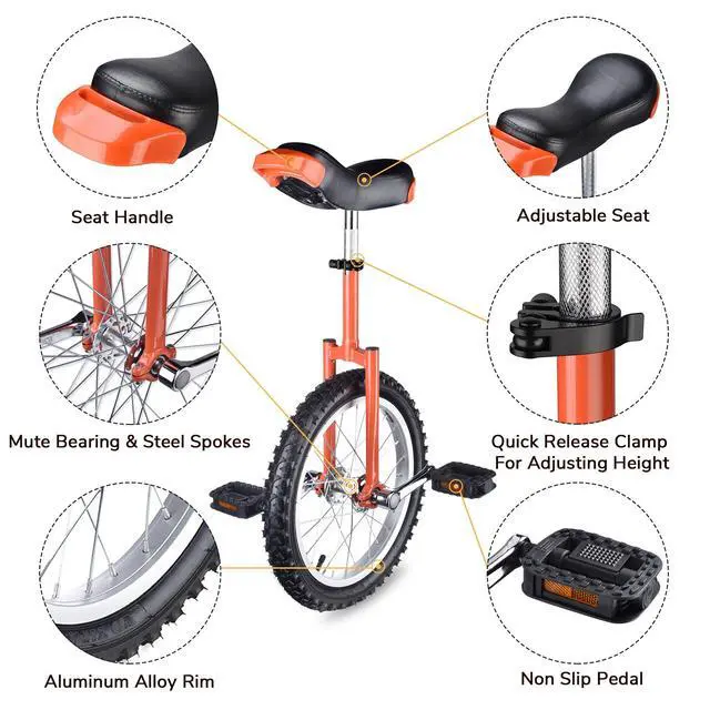 Alt view image 2 of 7 - Yescom 16 In Wheel Outdoor Unicycle Adjustable Seat Exercise Bicycle Balance Training for Adults Teenagers Kids, Orange