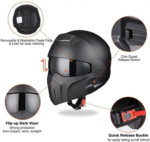 Alt view image 6 of 7 - AHR Motorcycle Helmet Open Face w/ Detachable Chin Guard Visor DOT Approved L