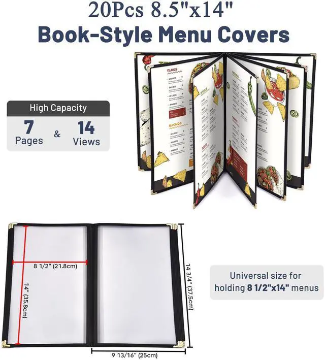 Alt view image 6 of 7 - WeChef 20 Pack Restaurant Menu Covers 8.5 x 14 Book Style 7 Pages 14 Views Black