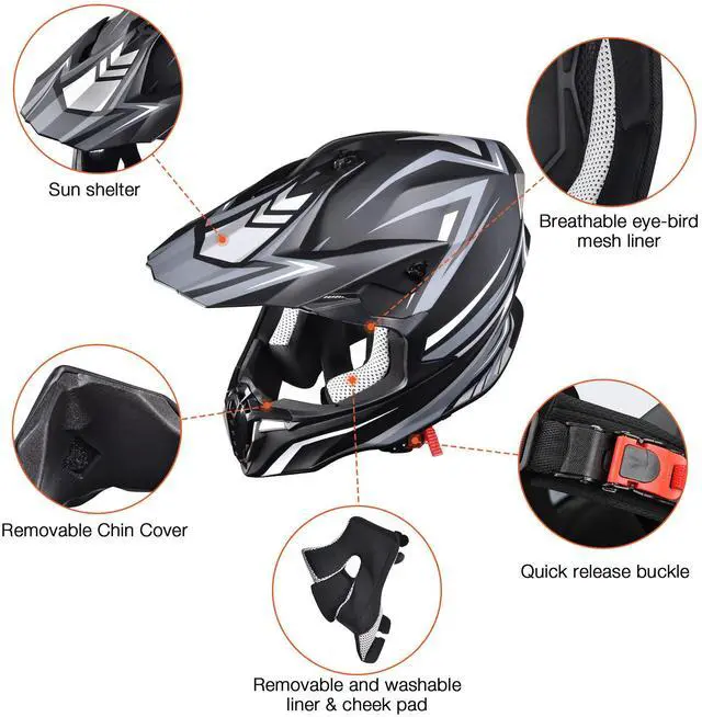 Alt view image 6 of 7 - AHR Offroad Full Face Motorcycle Helmet Motocross Dirt Bike ATV DOT Approved M