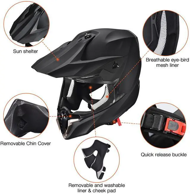 Alt view image 6 of 7 - AHR Offroad Full Face Motorcycle Helmet Motocross Dirt ATV DOT Matte Black XL