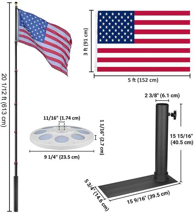 Alt view image 7 of 7 - Yescom EZ GO 20Ft Telescopic Flag Pole Kit with Solar Light & Tire Mount Base for Tailgate Outside, Black