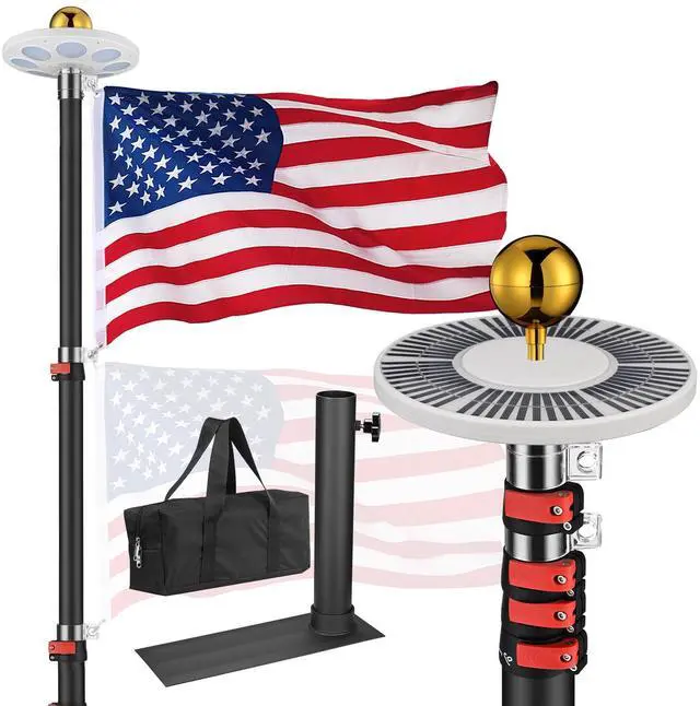 Main image of Yescom EZ GO 25Ft Telescopic Flag Pole Kit with Solar Light & Tire Mount Base for Tailgate Outside, Black