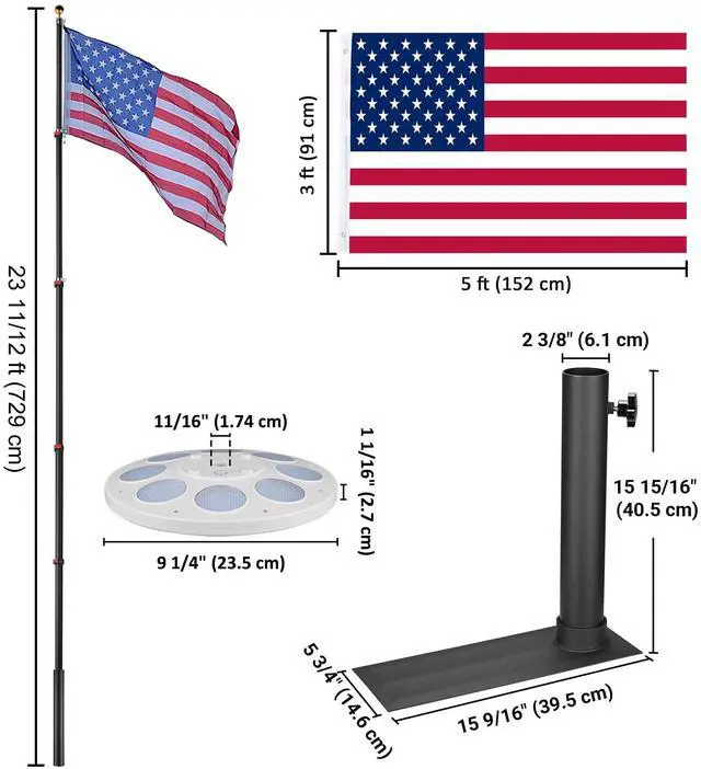 Alt view image 7 of 7 - Yescom EZ GO 25Ft Telescopic Flag Pole Kit with Solar Light & Tire Mount Base for Tailgate Outside, Black