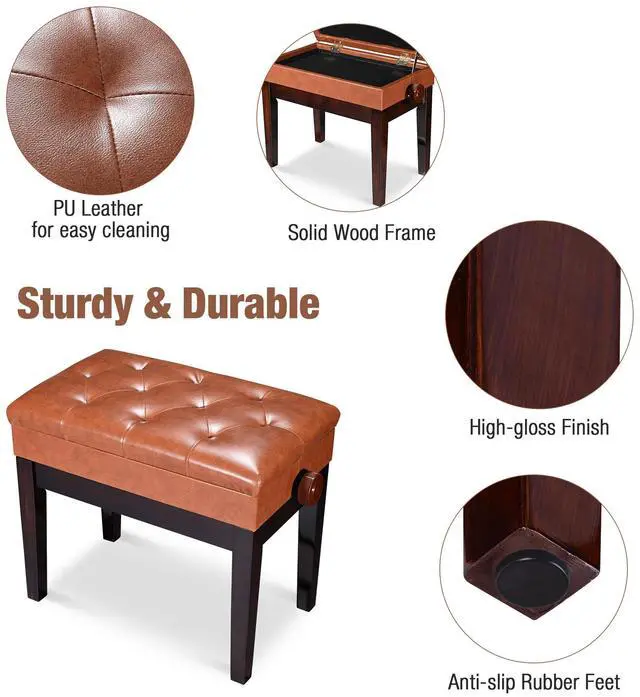 Alt view image 6 of 7 - Piano Bench Adjustable Height PU Leather Padded Keyboard Organ Seat Throne Storage