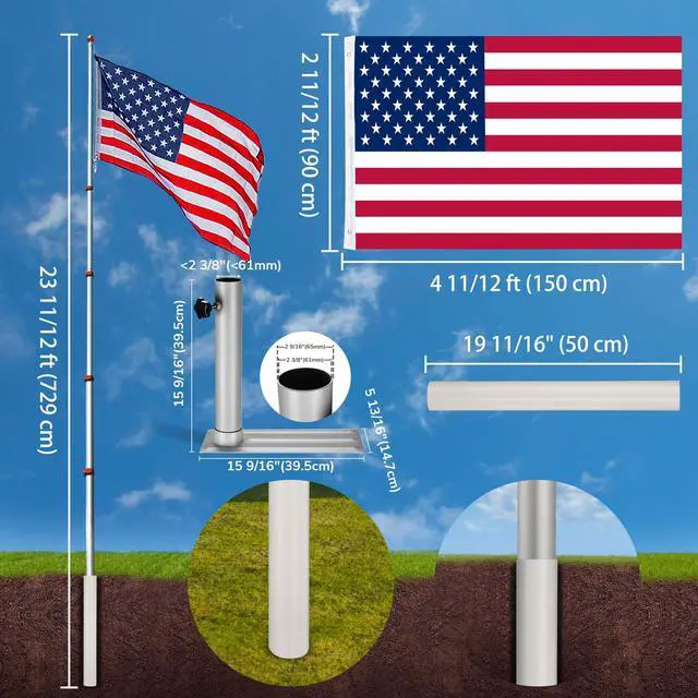 Alt view image 7 of 7 - Yescom 25 ft Telescopic Aluminum Flagpole Tire Mount Stand Kit 3'x5' Flag Ball Pole Top