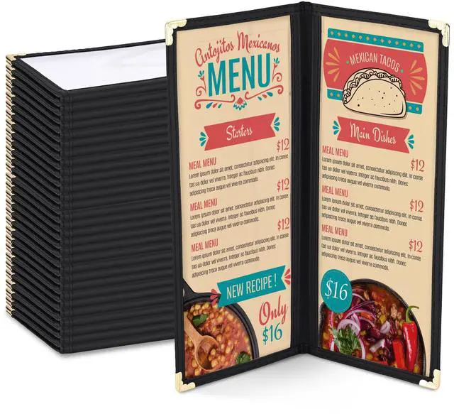 Main image of WeChef 30 Packs Restaurant Menu Covers 4.25 x 11 Double Fold 2 Pages 4 Views Black