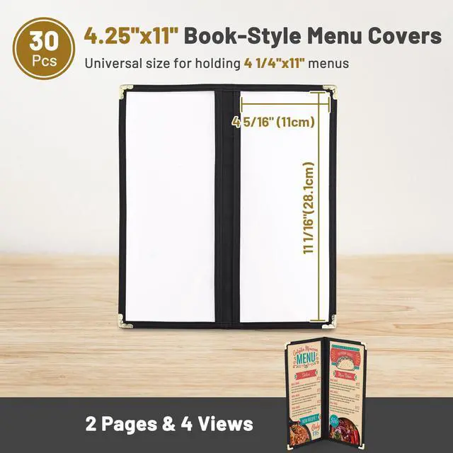 Alt view image 2 of 7 - WeChef 30 Packs Restaurant Menu Covers 4.25 x 11 Double Fold 2 Pages 4 Views Black
