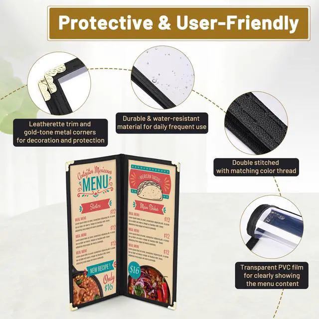 Alt view image 5 of 7 - WeChef 30 Packs Restaurant Menu Covers 4.25 x 11 Double Fold 2 Pages 4 Views Black