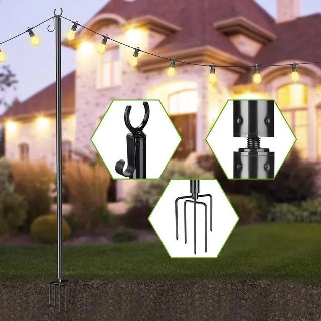 Alt view image 3 of 7 - 10 Ft String Light Pole Outdoor Metal Pole Aluminum with Side Hooks Patio Backyard Party 2 Pack