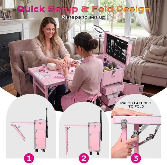 Alt view image 2 of 7 - Byootique Nail Desk Mobile Station Rolling Makeup Train Case Manicure Table with Telescopic Handle, Pink