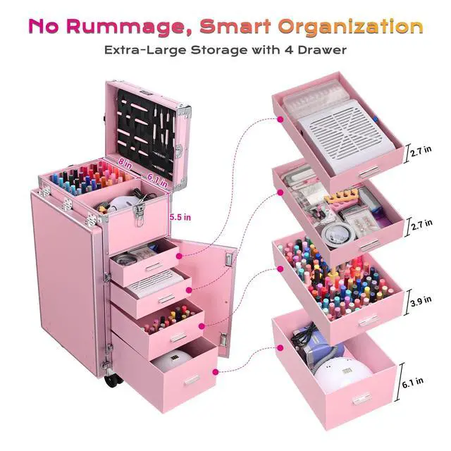 Alt view image 3 of 7 - Byootique Nail Desk Mobile Station Rolling Makeup Train Case Manicure Table with Telescopic Handle, Pink
