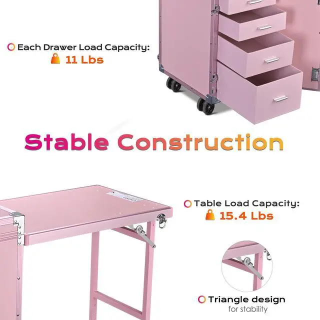 Alt view image 4 of 7 - Byootique Nail Desk Mobile Station Rolling Makeup Train Case Manicure Table with Telescopic Handle, Pink