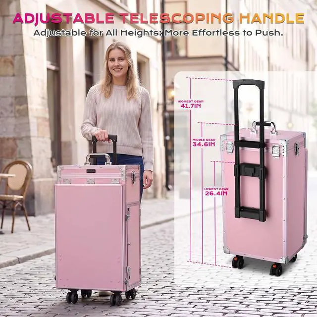 Alt view image 6 of 7 - Byootique Nail Desk Mobile Station Rolling Makeup Train Case Manicure Table with Telescopic Handle, Pink