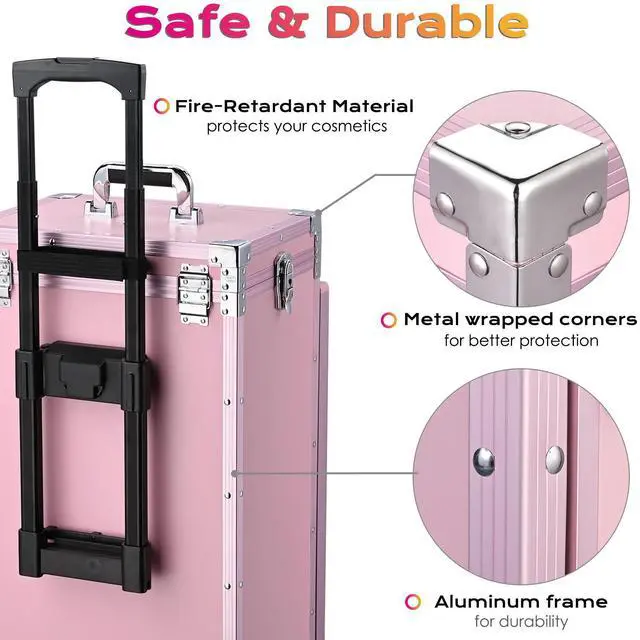 Alt view image 7 of 7 - Byootique Nail Desk Mobile Station Rolling Makeup Train Case Manicure Table with Telescopic Handle, Pink