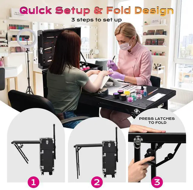 Alt view image 2 of 7 - Byootique Portable Manicure Table Desk for Nail Tech Organizer Rolling Makeup Case with Wheels and Telescopic Handle for Manicurist Technician, Black