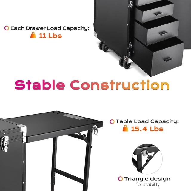 Alt view image 4 of 7 - Byootique Portable Manicure Table Desk for Nail Tech Organizer Rolling Makeup Case with Wheels and Telescopic Handle for Manicurist Technician, Black