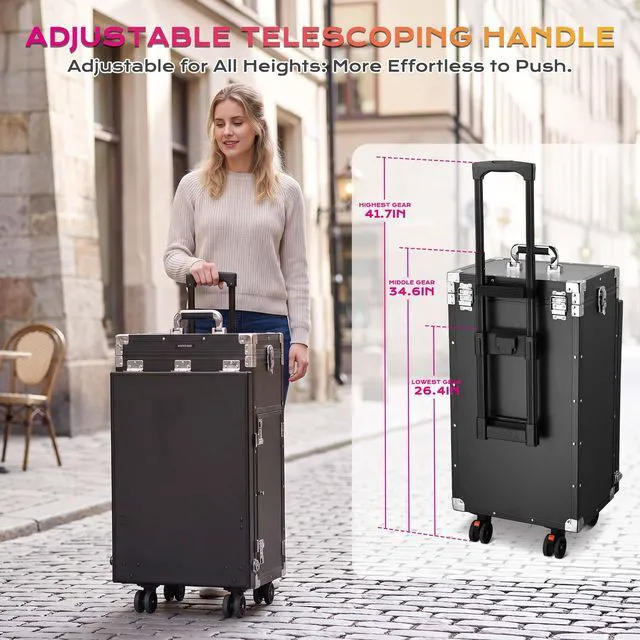 Alt view image 6 of 7 - Byootique Portable Manicure Table Desk for Nail Tech Organizer Rolling Makeup Case with Wheels and Telescopic Handle for Manicurist Technician, Black