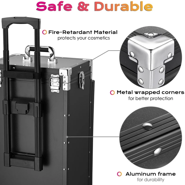 Alt view image 7 of 7 - Byootique Portable Manicure Table Desk for Nail Tech Organizer Rolling Makeup Case with Wheels and Telescopic Handle for Manicurist Technician, Black