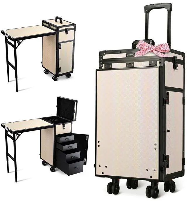 Main image of Byootique Aluminum Rolling Makeup Train Case w/ Table Salon Grace ForgetMeNot