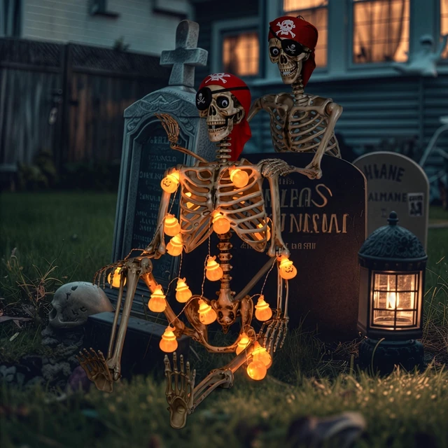 Alt view image 2 of 7 - Yescom 2 Pack Pirate Life Size Skeleton Poseable with Halloween Lights, Full Size Skeleton Human 5.4 Ft for Party Decorations Patio Garden Haunted House Props 2025
