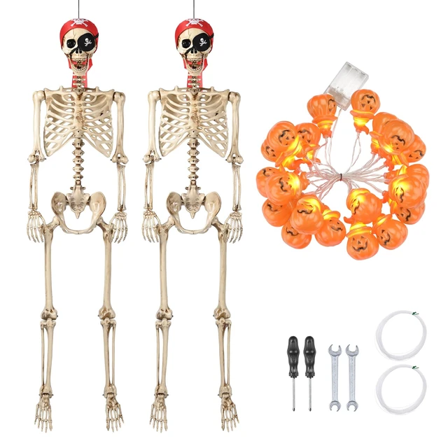 Alt view image 7 of 7 - Yescom 2 Pack Pirate Life Size Skeleton Poseable with Halloween Lights, Full Size Skeleton Human 5.4 Ft for Party Decorations Patio Garden Haunted House Props 2025
