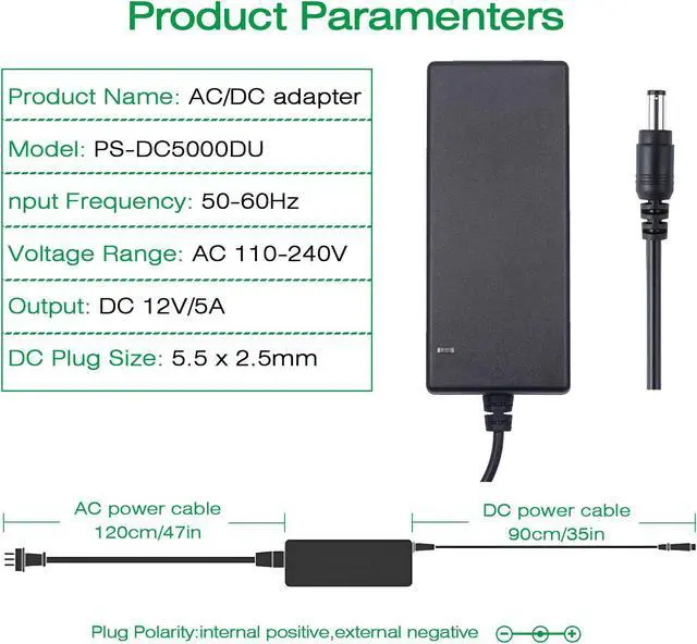 Alt view image 2 of 4 - Ultrapoe 5- Pack DC12V 5A Power Supply Adapter AC100-240V Transformers for 12V LED Strip Lights 2.5mm X 5.5mm UL Listed