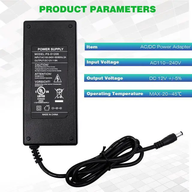 Alt view image 2 of 7 - Ultrapoe 2- Pack DC12V 8A Power Supply Adapter AC100-240V Transformers for 12V LED Strip Lights 2.5mm X 5.5mm UL Listed